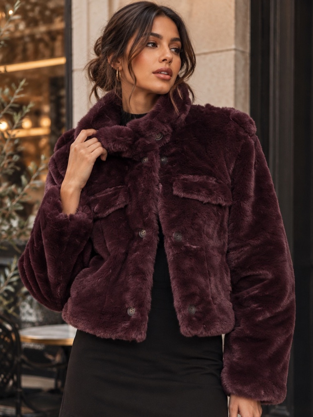 ShopEvelynne Plush Faux Fur Cropped Jacket in Deep Wine